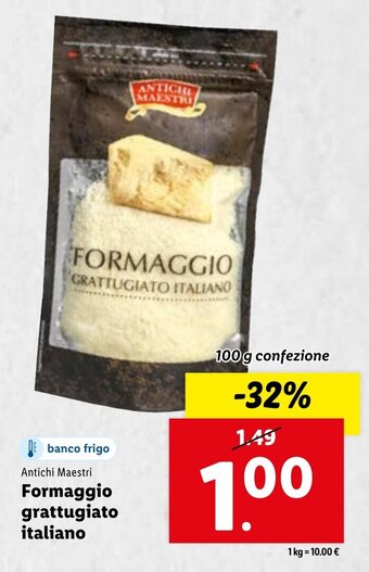 Lidl Antichi Maestri Formaggio grattugiato italiano 100 g confezione offerta