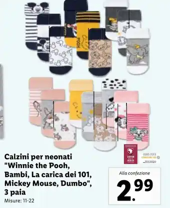 Lidl Calzini per neonati "Winnie the Pooh, Bambi, La carica dei 101, Mickey Mouse, Dumbo", 3 paia Misure: 11-22 offerta