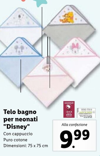Lidl Telo bagno per neonati "Disney" 75 x 75 cm offerta