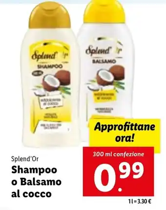 Lidl Splend'Or Shampoo o Balsamo al cocco 300 ml confezione offerta