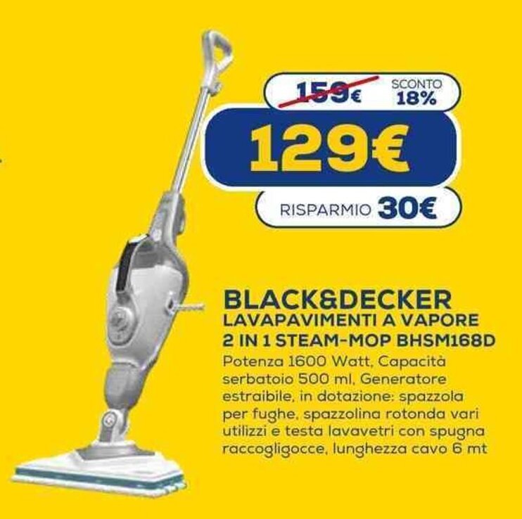 Black+Decker Lavapavimenti a Vapore 2 in 1 SteamMop BHSM168D offerta di Euronics