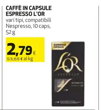 Caffè In Capsule Espresso L'Or vari tipi, compatibili Nespresso, 10 caps, 52 g