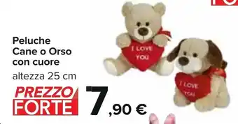 Carrefour Peluche Cane o Orso con cuore altezza 25 cm offerta