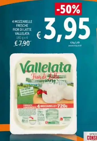 Spazio Conad Vallelata 4 Mozzarella Fresche Fior di Latte 180gx4 offerta