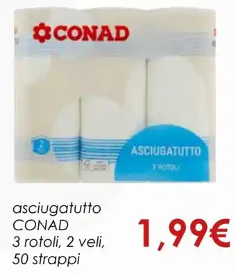 Conad Asciugatutto 3 Rotoli, 2 Veli, 50 Strappi