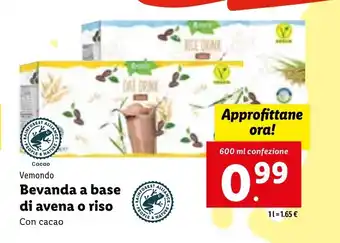 Lidl Vemondo Bevanda a base di avena o riso 600 ml confezione offerta
