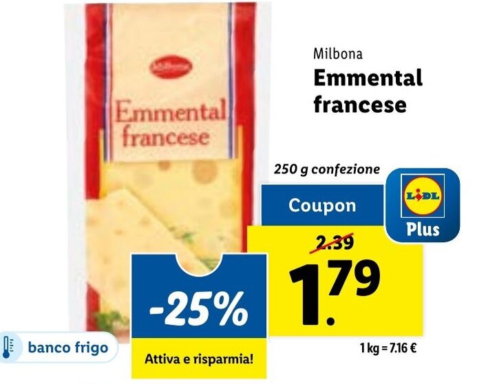 Milbona Emmental francese 250 g confezione offerta di Lidl