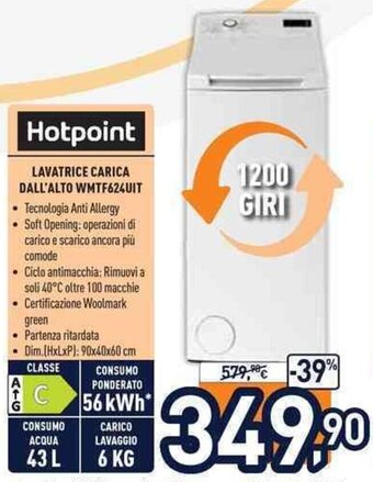 Unieuro Hotpoint Lavatrice Carica Dall'Alto WMTF624UIT offerta