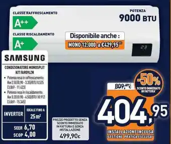 Unieuro Samsung Condizionatore Monosplit Kit FAR09LZN offerta