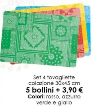 Todis Set 4 tovagliette colazione 30x45 cm 5 bollini offerta