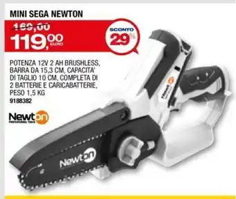 Mini Sega Newton Potenza 12 V 2 AH Brushless, Barra DA 15,3 cm, Capacita' Taglio 10 cm Completa Di 2 Batterie E Peso 1,5 Kg