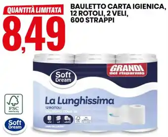Eurospin Soft Cream Bauletto Carta Igienica, 12 rotoli, 2 veli, 600 strappi offerta