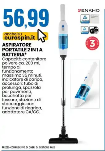 Eurospin Enkho Aspiratore Portatile 2 in 1 A Batteria 200 ml offerta