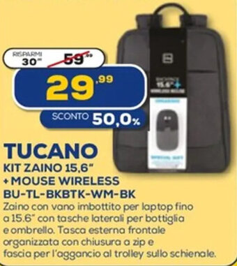 Euronics Tucano Kit Zaino 15,6" + Mouse Wireless BU-TL-BKBTK-WM-BK offerta