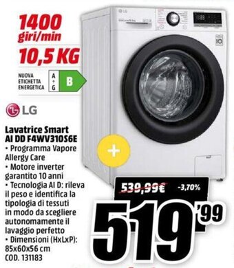 MediaWorld LG Lavatrice Smart AI DD F4WV310S6E offerta