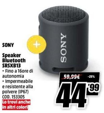MediaWorld Sony Speaker Bluetooth SRSXB13 offerta