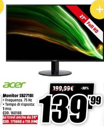 MediaWorld Acer Monitor SB271BI offerta