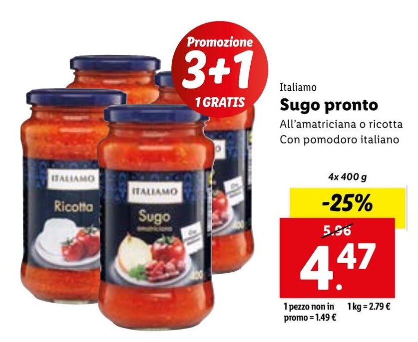 Italiamo Sugo pronto 4x 400 g offerta di Lidl