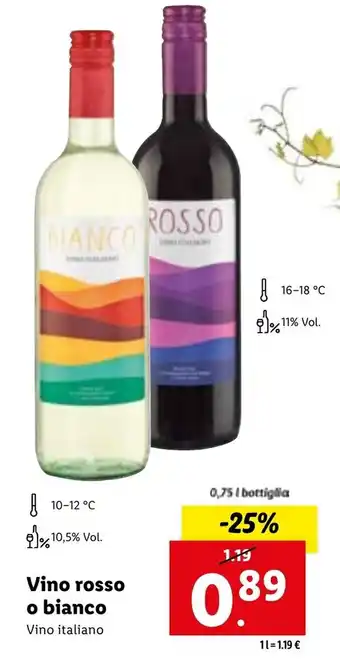 Lidl Vino rosso o bianco 0,75 l offerta