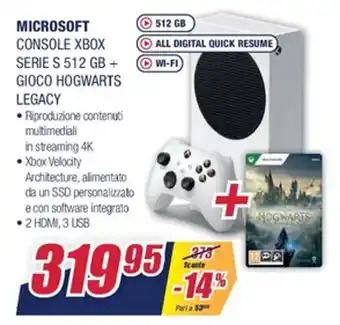 Trony Microsoft Console XBOX Serie S 512 GB + Gioco Hogwarts Legacy offerta