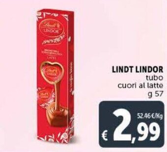 Deco Supermercati Lindt Lindor tubo cuori al latte g 57 offerta