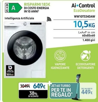 Euronics Samsung WW10T534DAW Lavatrice 10kg Ecodosatore Ai Control Libera Installazione Caricamento Frontale 1400 Giri/min Bianco offerta