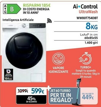 Euronics Samsung WW80T754DBT/S3 Lavatrice Libera Installazione Caricamento Frontale 8 Kg 1400 Giri/min B Nero, Bianco offerta
