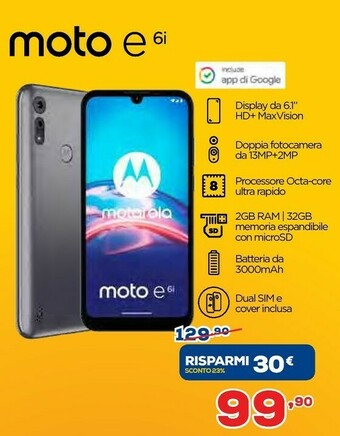 Euronics Motorola Moto E6i 15,5 Cm (6.1") 4G Micro-USB 2 GB 32 GB 3000 MAh Grigio offerta