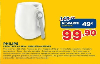 Euronics Philips Daily Collection HD9216/80R1 Friggitrice Singolo 0,8 L Indipendente 1425 W Friggitrice Ad Aria Calda Bianco offerta