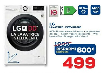 Euronics LG F4WV310S6E Lavatrice Intelligente AIDD 10,5kg Vapore 1400 Giri/min Carica Frontale Classe B offerta