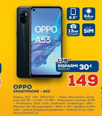 Euronics Oppo A53 Smartphone, 186g, Display 6.5" HD+ LCD, 3 Fotocamere 13MP, RAM 4GB + ROM 64GB Espandibile, Batteria 5000mAh, Ricaric offerta