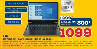 Euronics HP Pavilion Gaming 16-a0006nl DDR4-SDRAM Computer Portatile 40,9 Cm (16.1") 1920 X 1080 Pixel Intel® Core™ I7 Di Decima Gener offerta