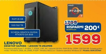 Euronics Lenovo Legion T5 26AMR5 DDR4-SDRAM 3700X Tower 3rd Generation AMD Ryzen 7 16 GB 512 GB SSD Windows 10 Home PC Nero offerta