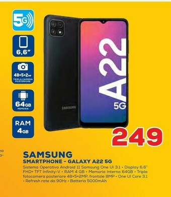 Euronics Samsung Galaxy A22 5G 6.6" 64 GB Espandibile Gray offerta