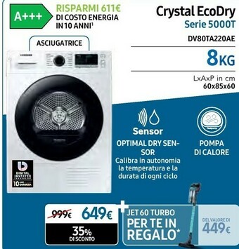 Euronics Samsung DV80TA220AE Asciugatrice Libera Installazione Caricamento Frontale Bianco 8 Kg A+++ offerta