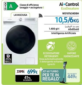 Euronics Samsung WD10T634DBH Lavasciuga Libera Installazione Caricamento Frontale Bianco E offerta