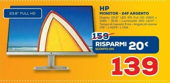 Euronics HP 24f 60,5 Cm (23.8") 1920 X 1080 Pixel Full HD LED Argento offerta
