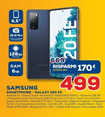 Euronics Samsung Galaxy S20 FE SM-G780F 16,5 Cm (6.5") 6 GB 128 GB 4G USB Tipo-C Blu Marino Android 10.0 4500 MAh offerta