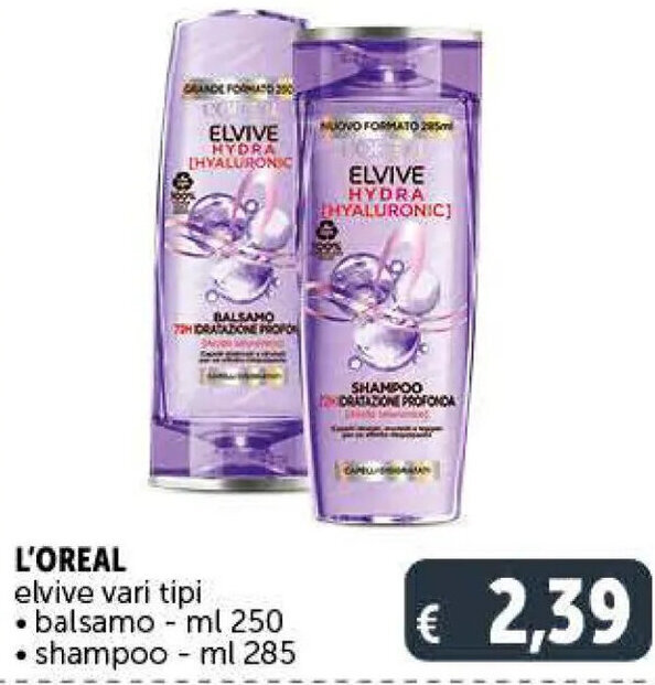 L'Oréal Elvive vari tipi balsamo 250 ml, shampoo 285 ml offerta di Deco