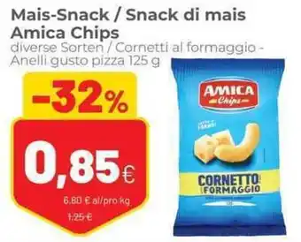 Coop Amica Chips Snack di mais/Mais Snack cornetti al formaggio-Anelli gusto pizza 125 g offerta