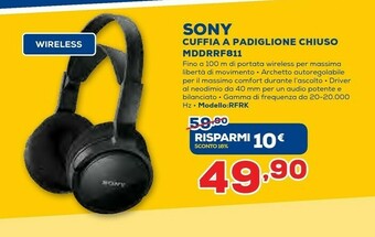 Euronics Sony Cuffia A Padiglione Chiuso MDDRRF811 offerta