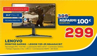 Euronics Lenovo Legion Y25-25 62,2 Cm (24.5") 1920 X 1080 Pixel Full HD LED Nero offerta