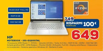Euronics HP 15s-eq2007nl DDR4-SDRAM Computer Portatile 39,6 Cm (15.6") 1920 X 1080 Pixel AMD Ryzen 7 8 GB 512 GB SSD Wi-Fi 5 (802.11ac offerta