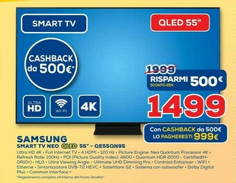 Euronics Samsung TV Neo QLED 4K 55” QE55QN95A Smart TV Wi-Fi Carbon Silver 2021 offerta