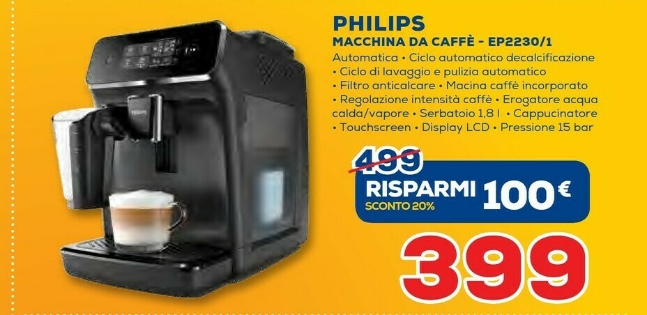 Philips 2200 Series EP2230/10R1 Macchina Per Caffè Automatica Macchina Per  Espresso 1,8 L offerta di Euronics