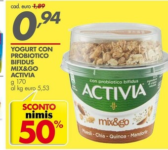 Italmark Activia Mix & Go Muesli Chia Quinoa Mandorle Con Probiotico Bifidus 170 G(ml) offerta