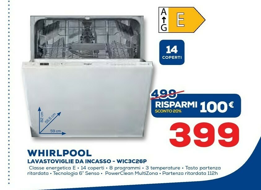 Whirlpool WIC 3C26 P Lavastoviglie A Scomparsa Totale 14 Coperti E offerta  di Euronics
