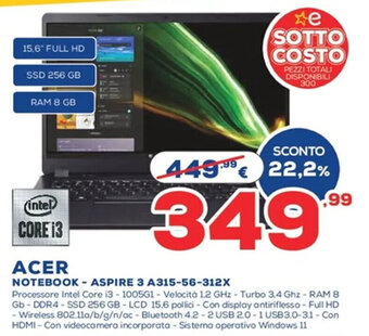 Euronics Acer Notebook - Aspire 3 A315-56-312X offerta