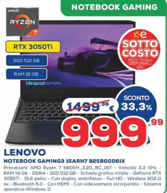 Euronics Lenovo Notebook Gaming3 15ARH7 82SB00D6IX offerta