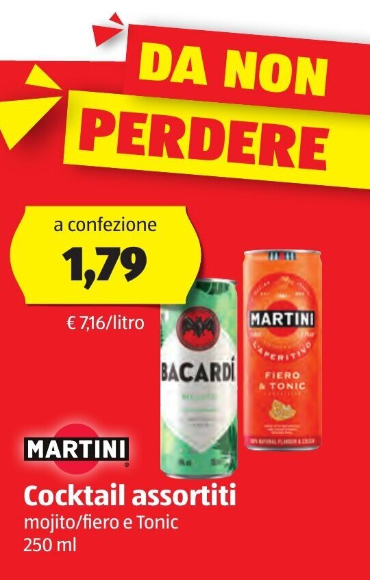 Martini Cocktail assortiti mojito/fiero e Tonic 250 ml offerta di ALDI